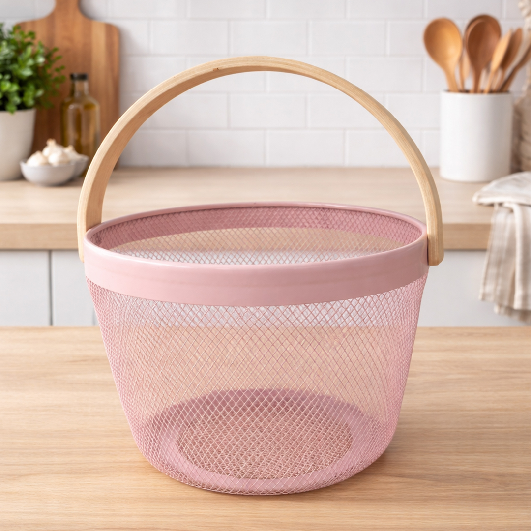 Panier de Rangement Rose Clair Métal & Bois