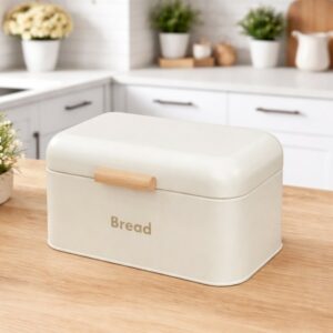 Boîte à Pain en Métal avec Poignée Effet Bois