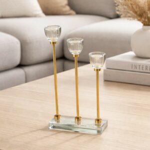Bougeoir décoratif triple en verre et finition dorée