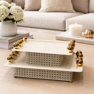 Présentoir 2 Niveaux en Métal avec Boules Dorées