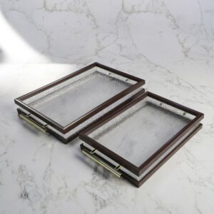 Set de 2 Plateaux Rectangulaires en Bois & Poignées Dorées