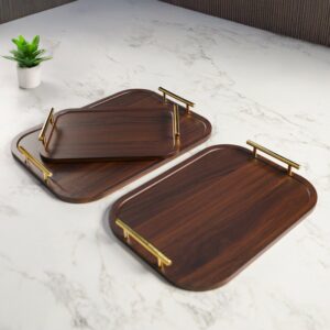 Série de 3 Plateaux en Bois avec Poignées Dorées