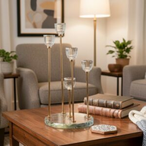 Set de Bougeoirs 3 Pièces en Cristal et Métal Doré