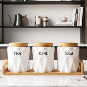 Set Pots de Cuisine en Céramique avec Support Métal & Base Bois – 3 Pièces