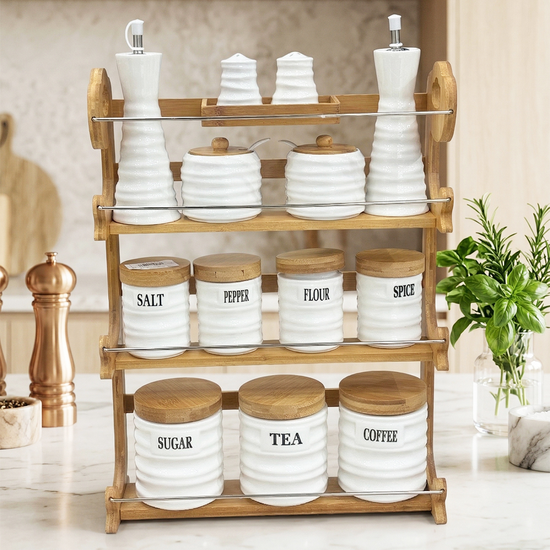 Étagère à Épices avec Pots en Céramique & Support en Bois