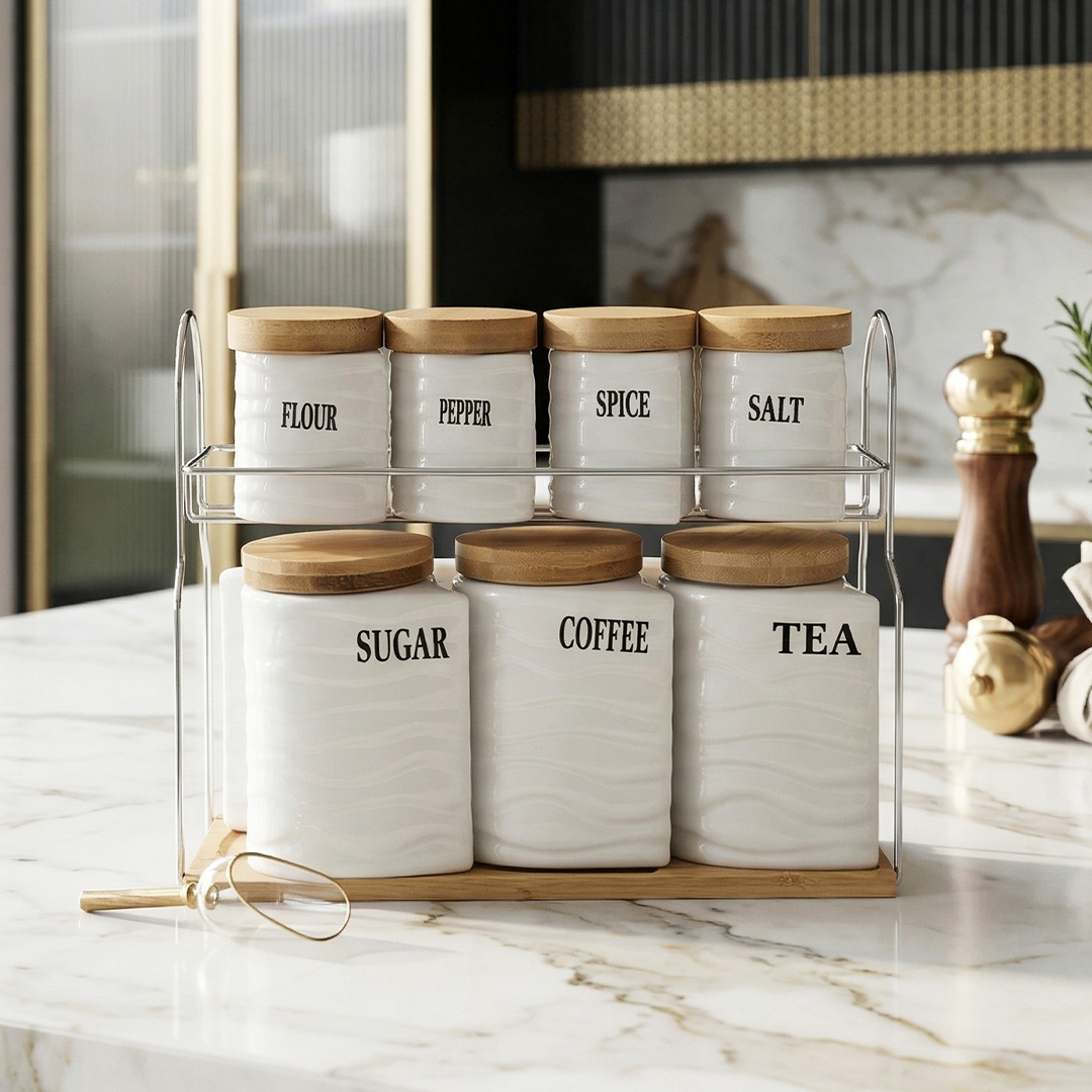 Set Pots de Cuisine en Céramique avec Support Métal & Base Bois – 7 Pièces