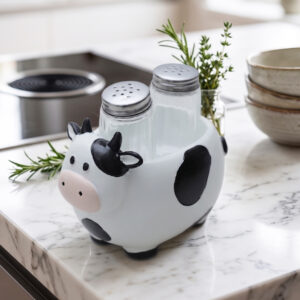 Salière & Poivrière en Céramique Design Vache avec Support