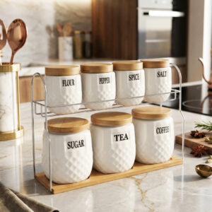 Set Pots de Cuisine en Céramique avec Support Métal & Base Bois – 6 Pièces