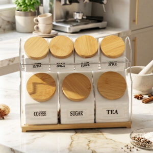 Set Pots de Cuisine en Céramique avec Support Métal & Base Bois – 6 Pièces