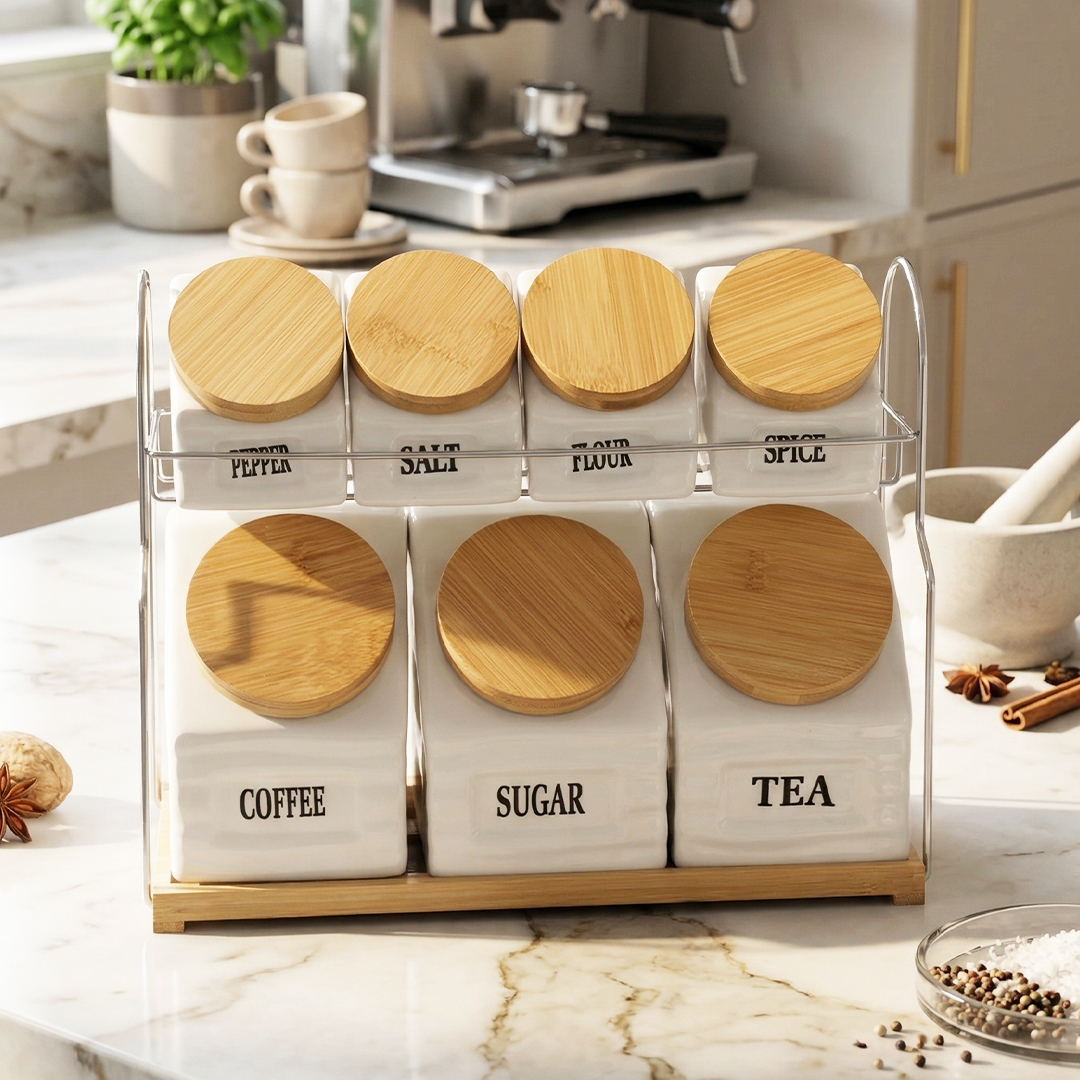 Set Pots de Cuisine en Céramique avec Support Métal & Base Bois – 7 Pièces