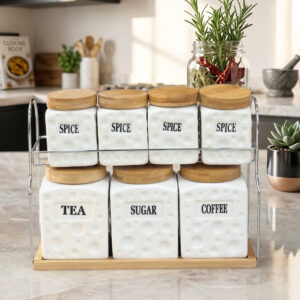 Set Pots de Cuisine en Céramique avec Support Métal & Base Bois – 6 Pièces