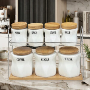 Set Pots de Cuisine en Céramique avec Support Métal & Base Bois – 6 Pièces