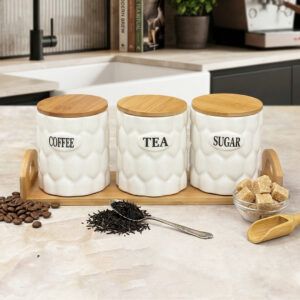 Set Pots de Cuisine en Céramique avec Support Métal & Base Bois – 3 Pièces