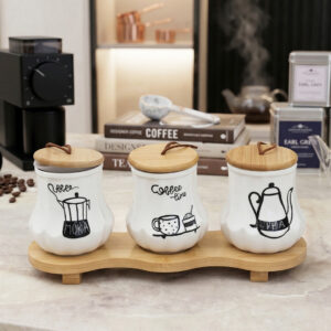 Set Pots de Cuisine en Céramique avec Support Métal & Base Bois – 3 Pièces