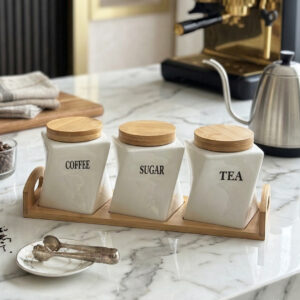 Set Pots de Cuisine en Céramique avec Support Métal & Base Bois – 3 Pièces