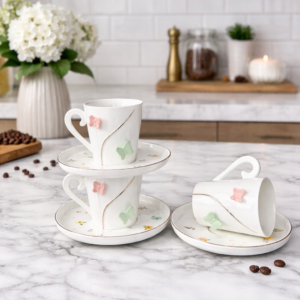 Service à Café Noir Élégant Motif Papillon