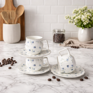 Service à Café Noir Élégant Motif Floral Bleu