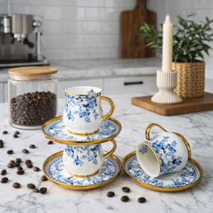 Service à Café Noir Élégant Motif Floral Bleu & Doré