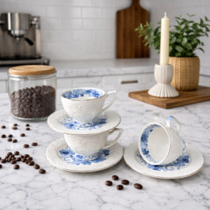 Service à Café Noir Élégant Motif Floral Bleu