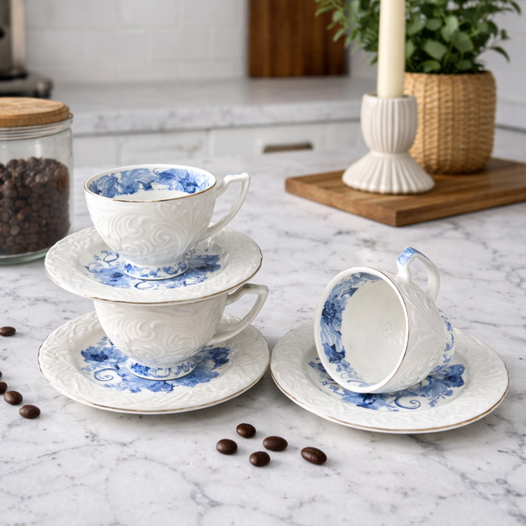 Service à Café au Lait Élégant Motif Floral Bleu