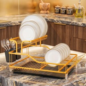 Égouttoir à Vaisselle 2 Niveaux Compact en Aluminium Doré