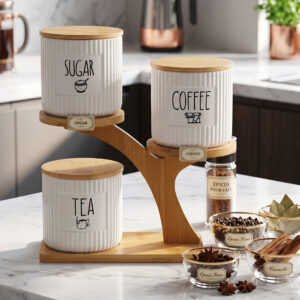 Set Pots de Cuisine en Céramique avec Support Métal & Base Bois – 3 Pièces