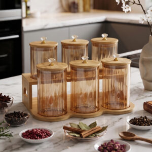 Porte Épices Rotative en Bois avec 6 Pots en Verre