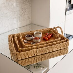 Set de Plateaux de Service Rectangulaires en Osier avec Poignées – 3 Pièces