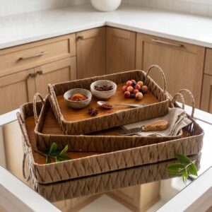 Set de Plateaux de Service Rectangulaires en Osier avec Poignées – 3 Pièces