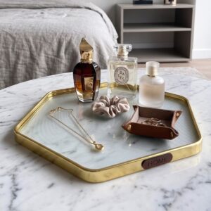 Plateau Miroir Hexagonal 21x24 cm avec Bordure Dorée