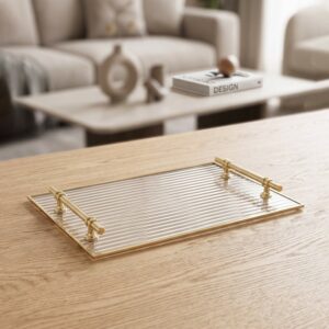 Plateau Rectangulaire en Verre 40x20 cm avec Poignées Dorées