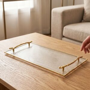 Plateau Rectangulaire en Verre 40x15  cm avec Poignées Dorées