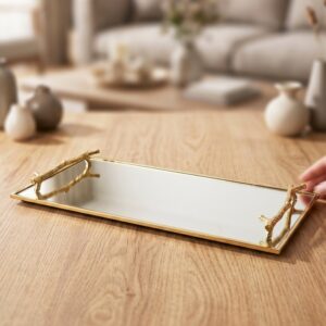 Plateau Rectangulaire Miroir 40x13 cm avec Poignées Dorées