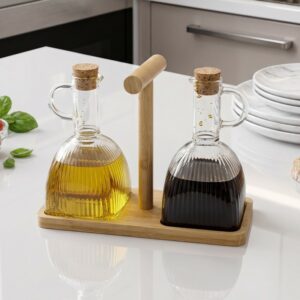 Set Huilier & Vinaigrier en Verre avec Support en Bois