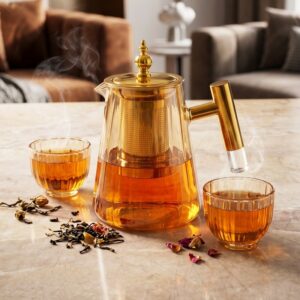 Théière en Verre 650ML avec Couvercle Doré