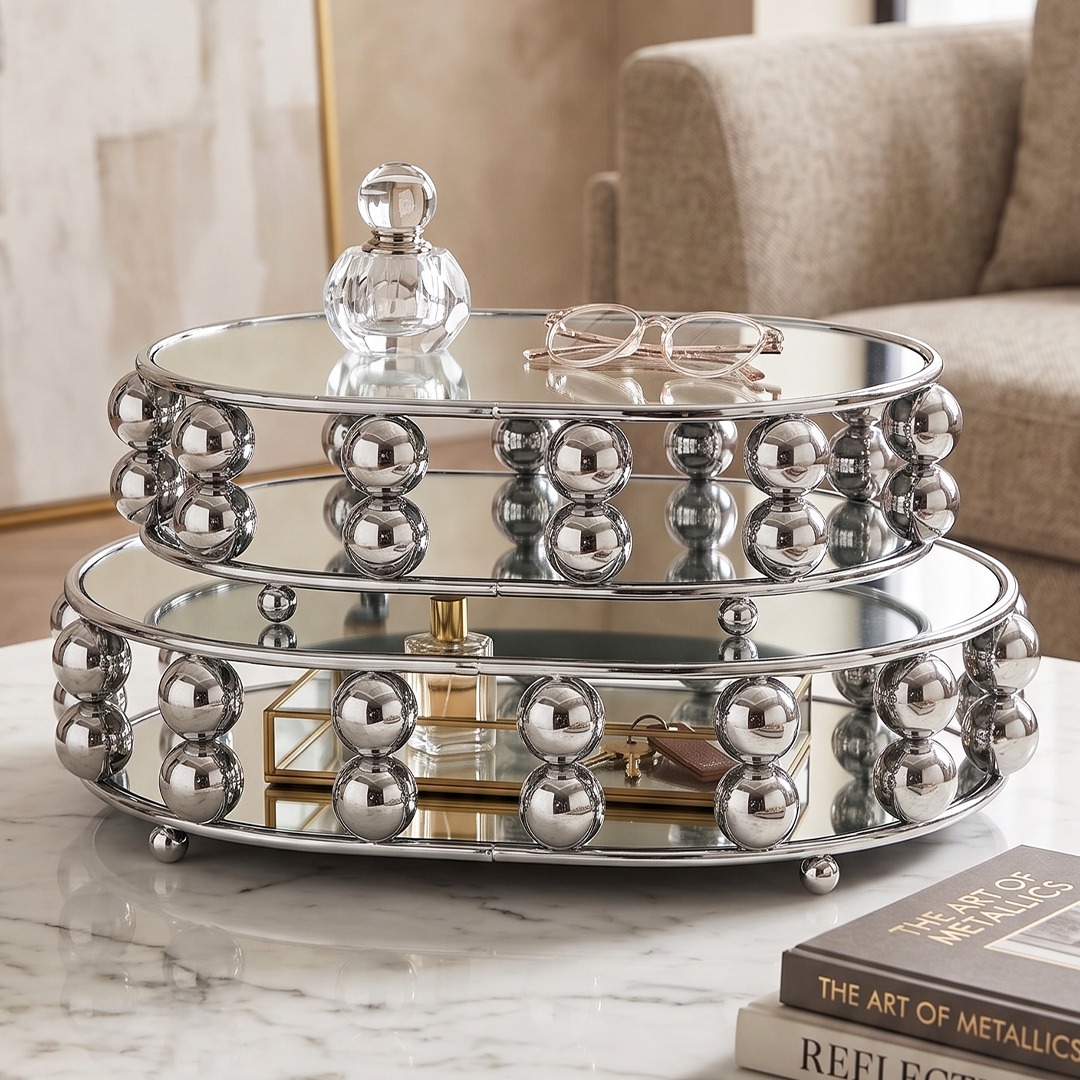 Set de 2 Plateaux Miroir Ronds en Métal Chromé