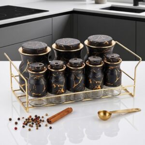 Porte-Épices 8 Pots en Verre Effet Marbre Noir