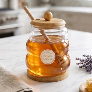 Pot à Miel en Verre avec Couvercle en Bois et Cuillère à Miel