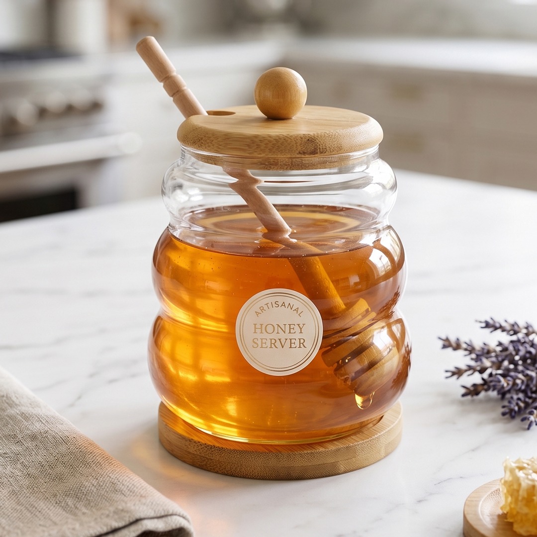 Pot à Miel en Verre avec Couvercle en Bois et Cuillère à Miel