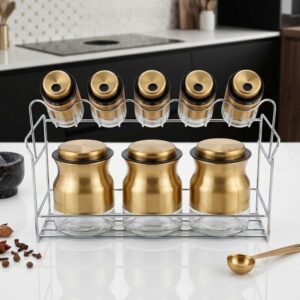 Porte-Épices avec Support Métallique 8 Pots en Verre - Bronze