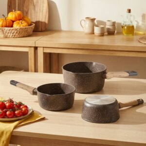 Olina - Série 3 Casseroles en Granite Marron Manche en bois