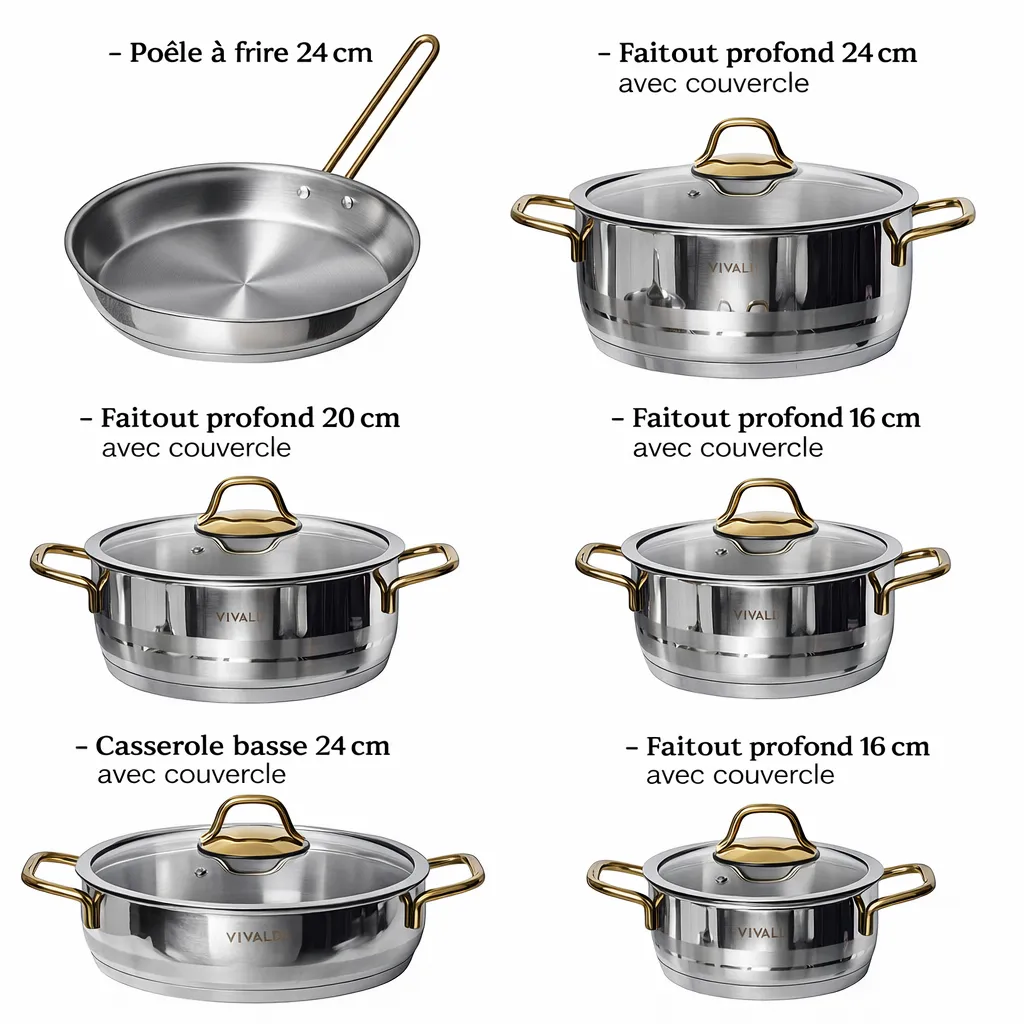 Batterie De Cuisine Vivaldi Aster-9 pièces En Inox 18/10-Doré – Image 2