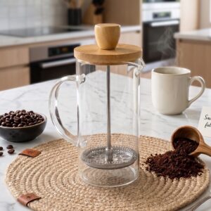 Cafetière à Piston en Verre  ML avec Couvercle Effet Bois