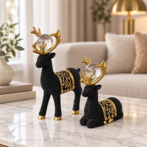 Set de 2 Statues Cerf Décoratives Noir & Doré