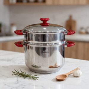 Hascevher – Couscoussier en Inox avec Poignée Rouge 26cm