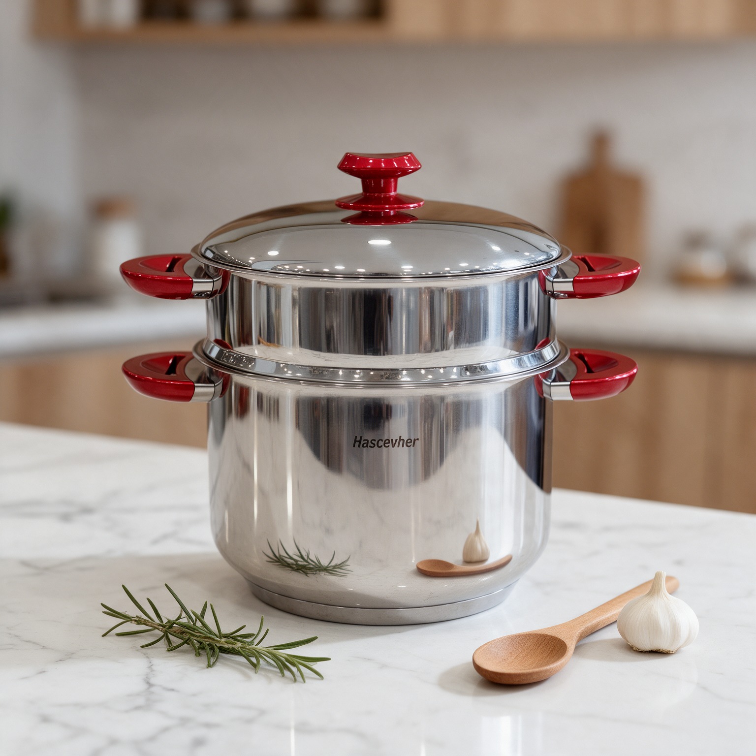 Hascevher – Couscoussier en Inox avec Poignée Rouge 26cm