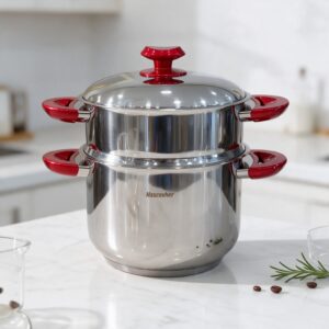 Hascevher – Couscoussier en Inox avec Poignée Rouge 30cm