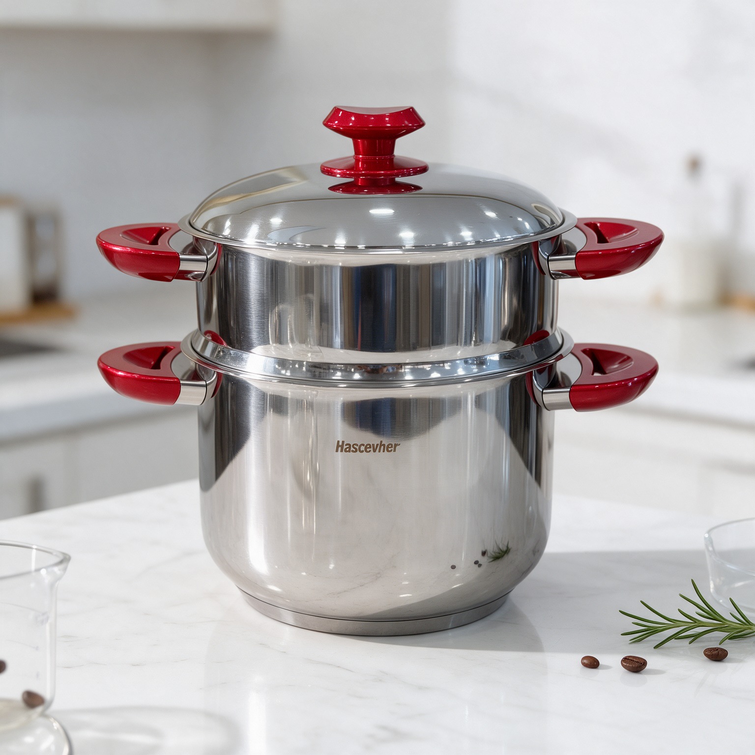 Hascevher – Couscoussier en Inox avec Poignée Rouge 30cm