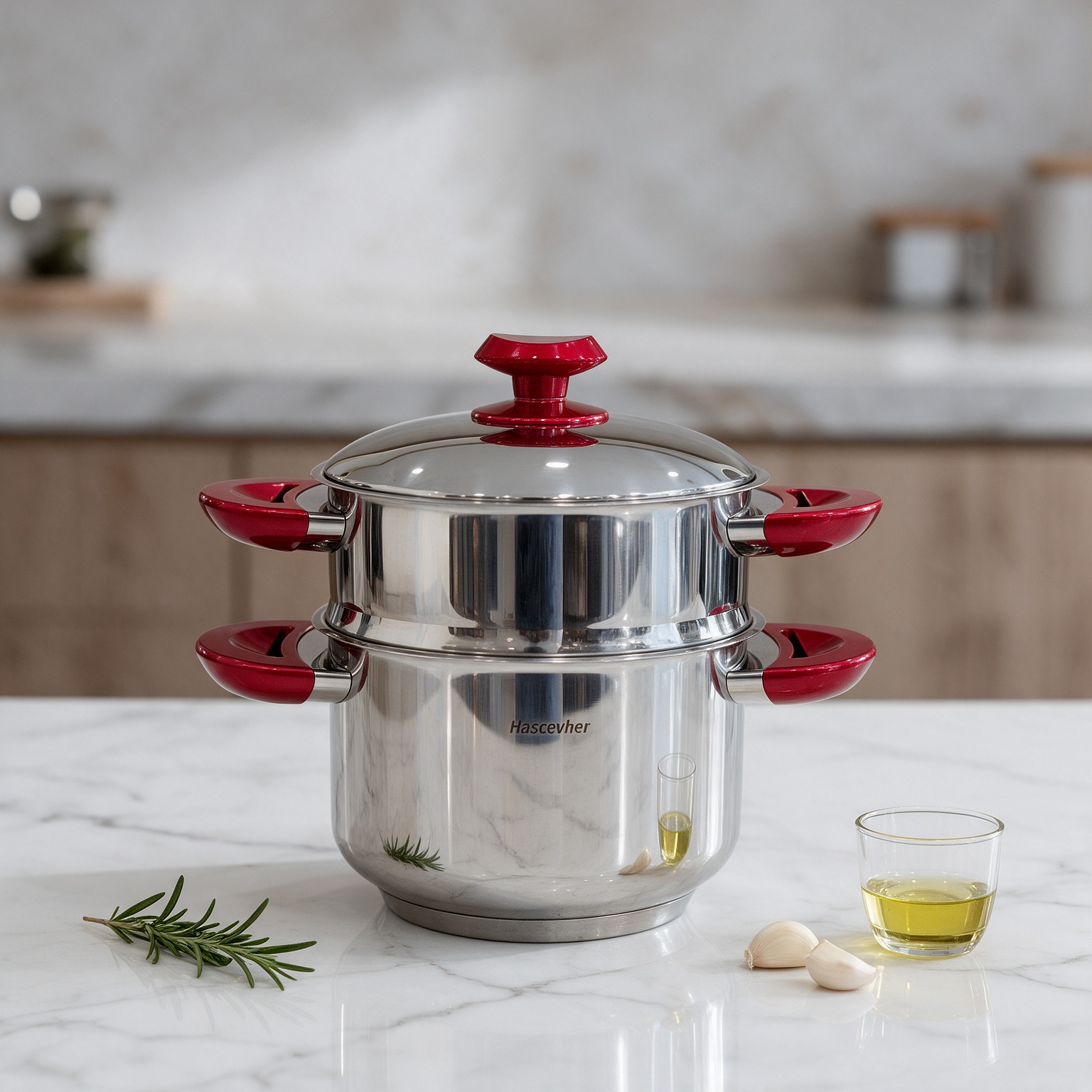 Hascevher – Couscoussier en Inox avec Poignée Rouge 22cm