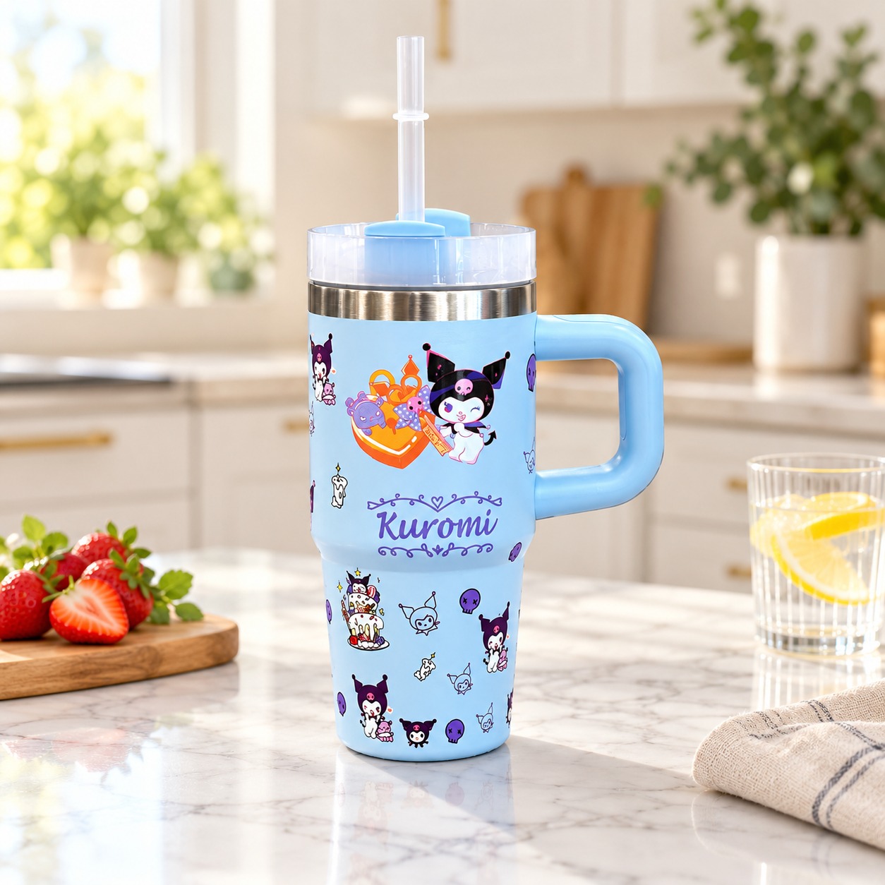 Thermos en Acier Inoxydable Bleu avec paille 500 ml